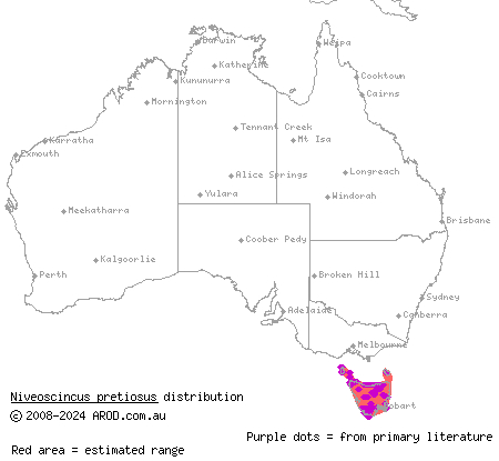 Tasmanian tree skink (Niveoscincus pretiosus) distribution range map