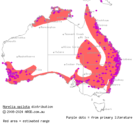 carpet python (Morelia spilota) distribution range map